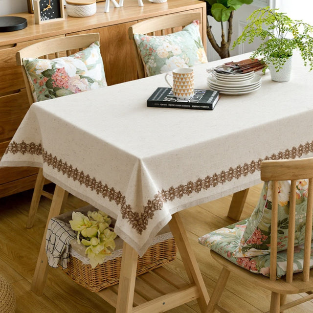 linen plain khaki tablecloth with lace trimming in the living room