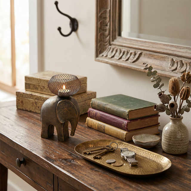 lit elephant candle holder on rustic wooden table