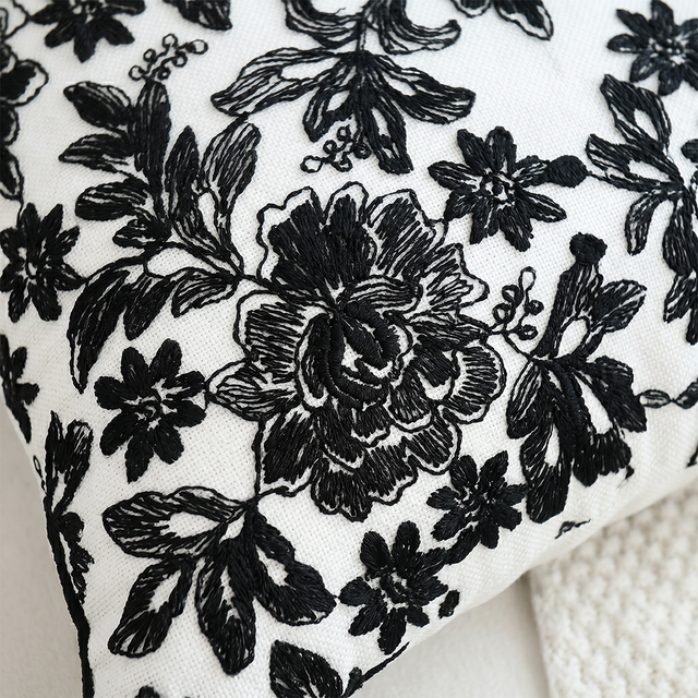 macro shot of black floral embroidery detail