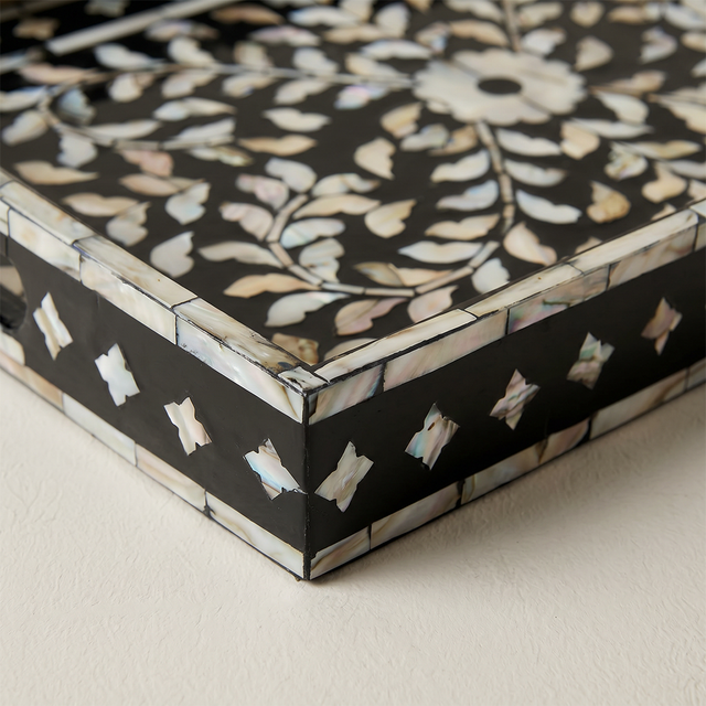 macro shot of pearl inlay tray corner detail