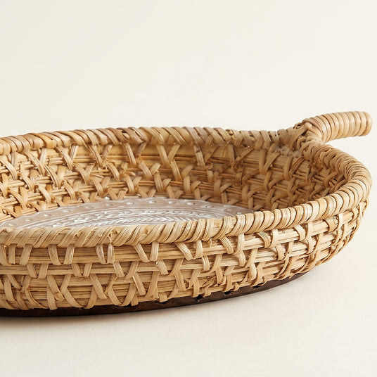 macro shot of rattan tray side and handle