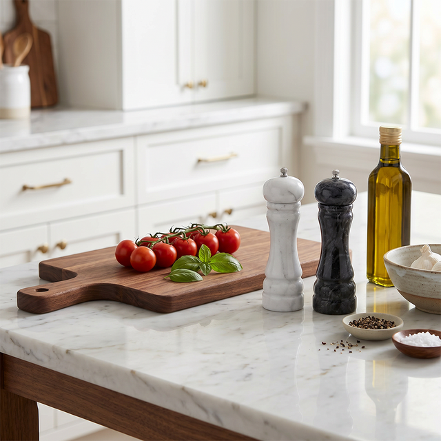 marble salt and pepper mills on kitchen counter
