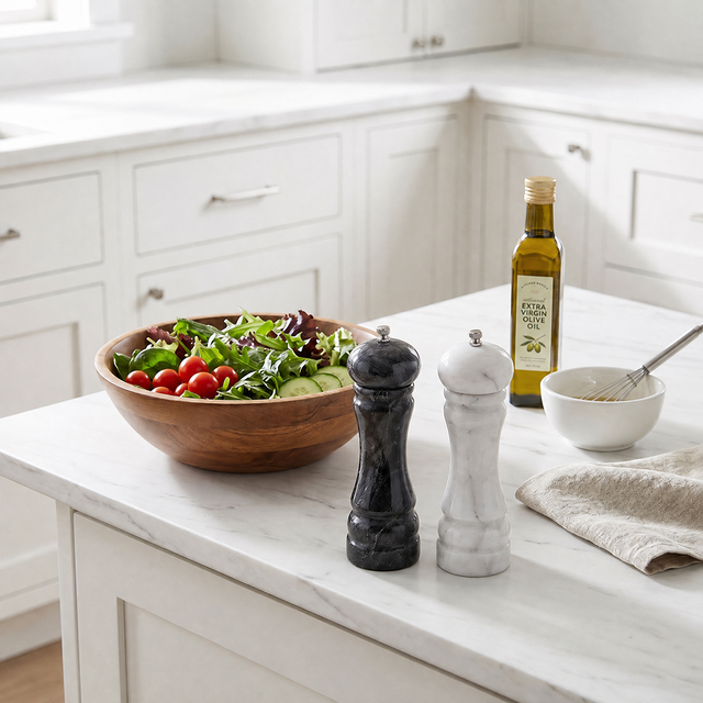 marble salt and pepper mills with salad and oil
