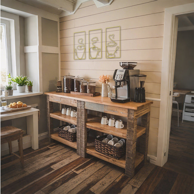 metal coffee mug wall decor on beige wall