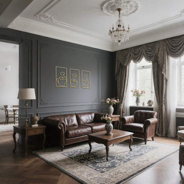 metal coffee mug wall decor on black wall