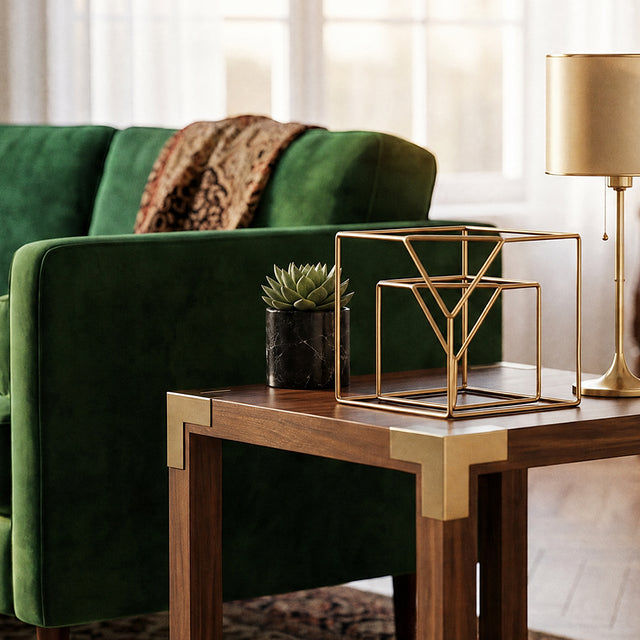 metal geometric decor by sofa