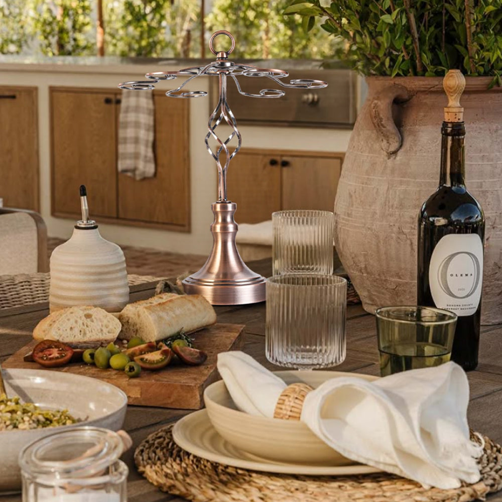 metal hanging wine glass rack on the tabletop