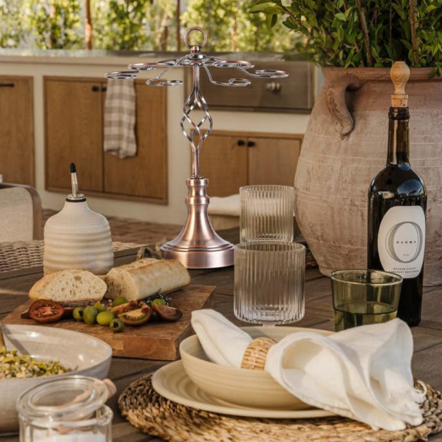 metal hanging wine glass rack on the tabletop