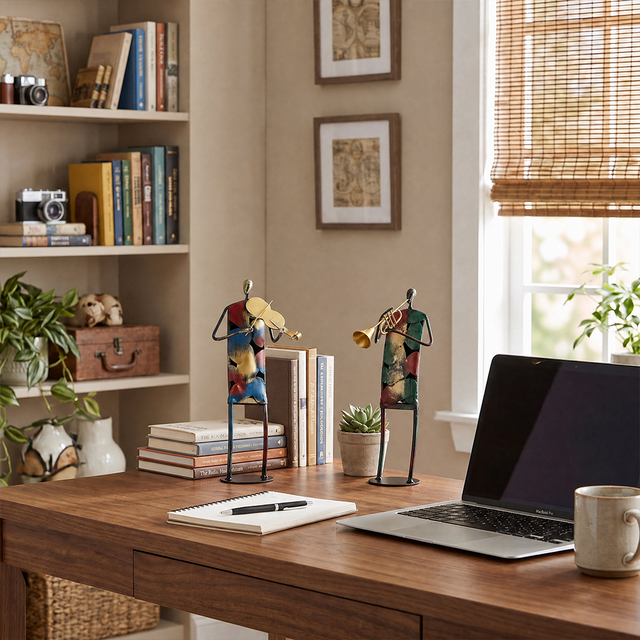 metal musician figurines on home office desk
