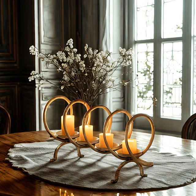metal ring candelabra on a table