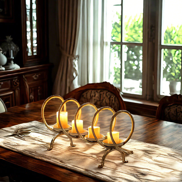 metal ring candelabra on a table