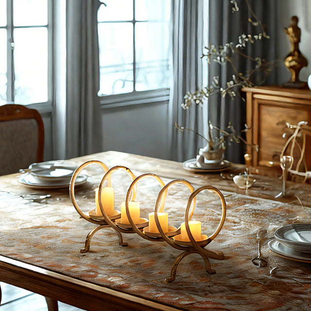 metal ring candelabra on a table