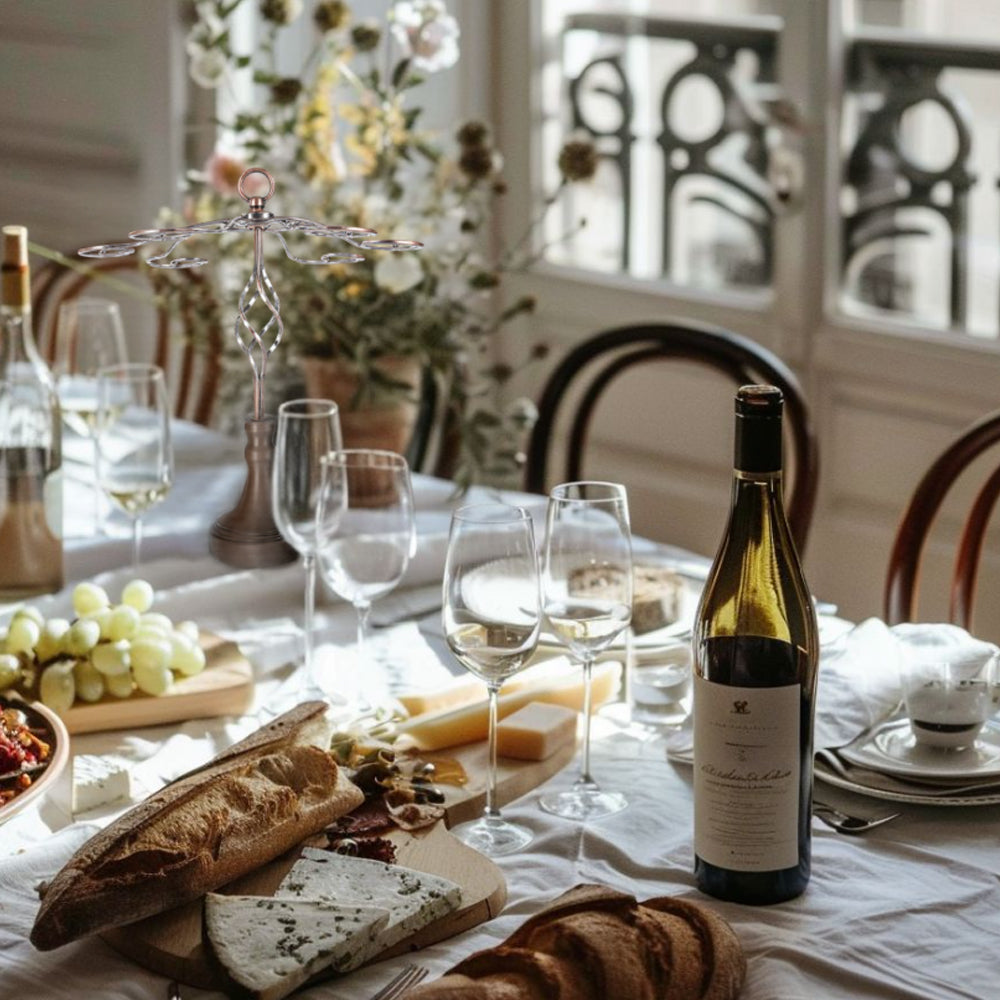 metal wine glass rack on the dining table