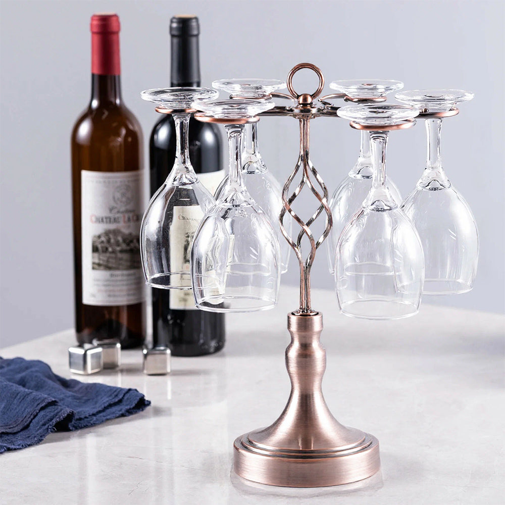 metal wine glass rack with 6 hooks on the table