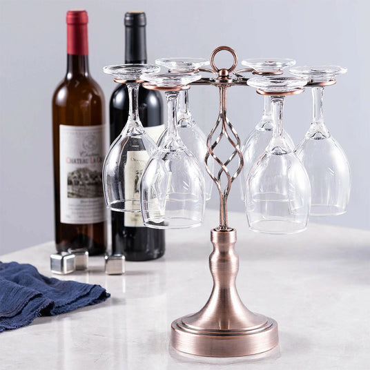 metal wine glass rack with 6 hooks on the table