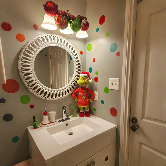 minimalist ceramic bathroom with weird christmas decor
