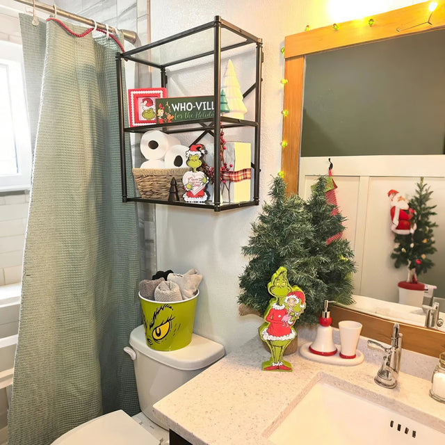 minimalist ceramic bathroom with weird christmas decor