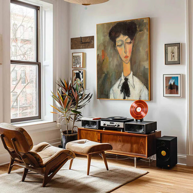 minimalist wooden rectangular digital wall clock beside the hanging painting