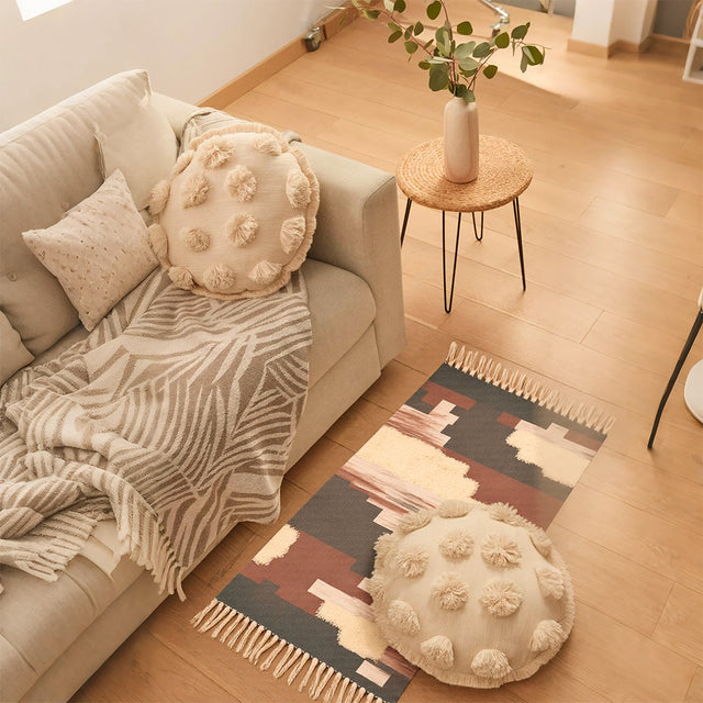 modern boho cotton-linen blend fringe beside the sofa