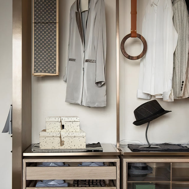 modern pony hair jewelry box with leather trim in the wardrobe