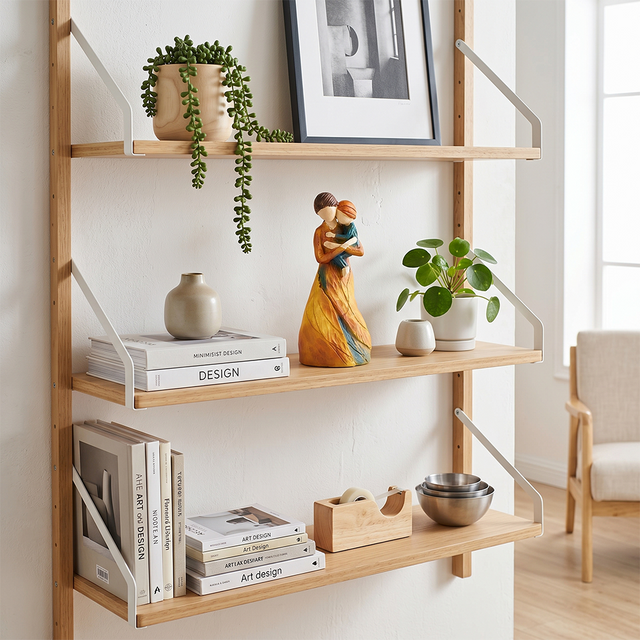 mother child figurine on wall shelf with books