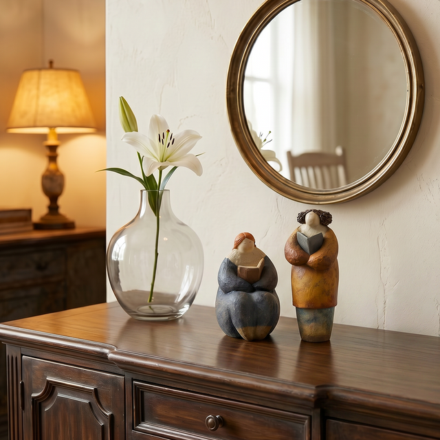 pebble figurines on console with lamp