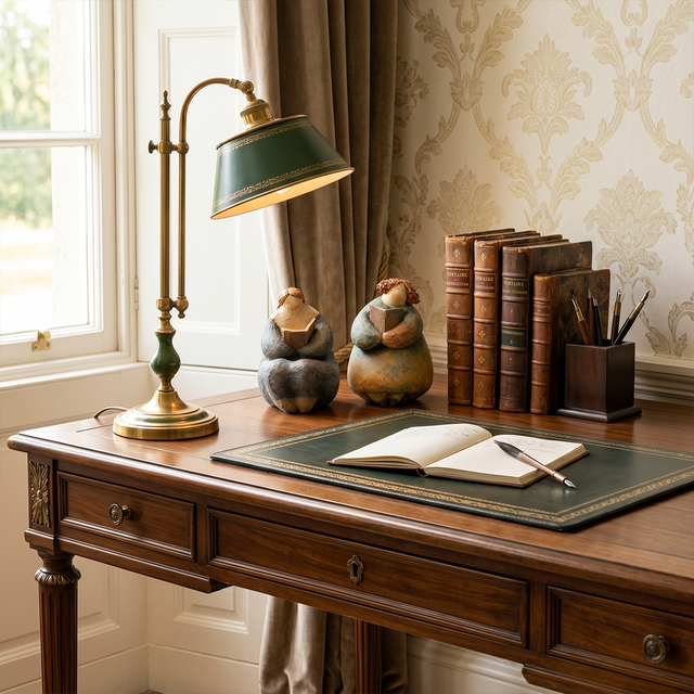 pebble figurines on desk with lamp