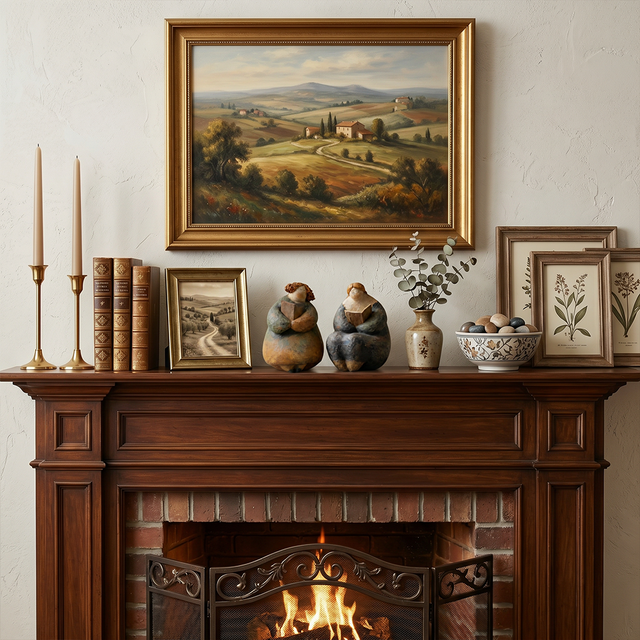 pebble figurines on fireplace mantel