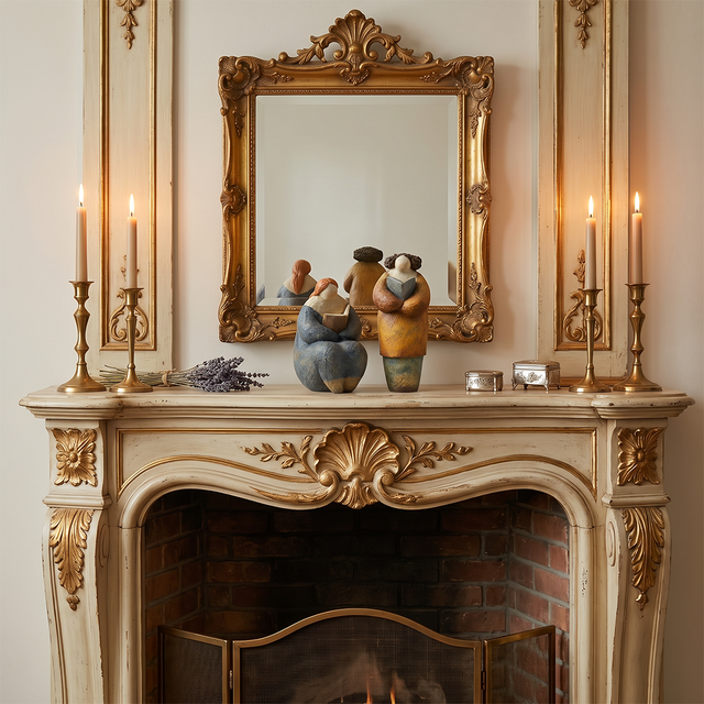 pebble figurines on ornate fireplace