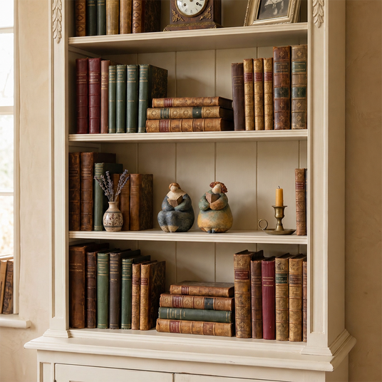 pebble figurines on white bookshelf