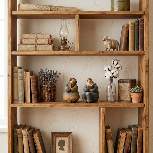 pebble figurines on wooden bookshelf