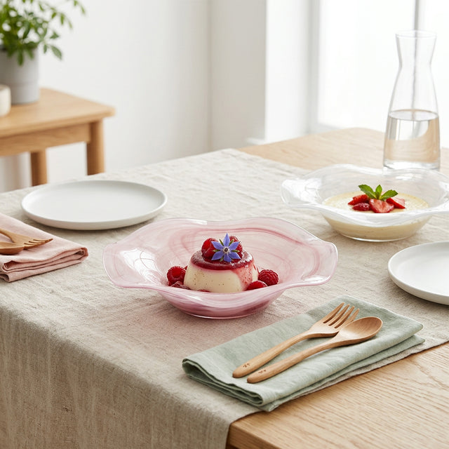 pink glass dessert bowl with dessert on table