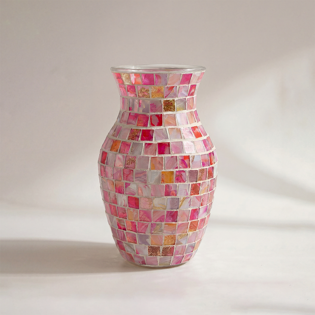 pink mosaic glass vase on white background