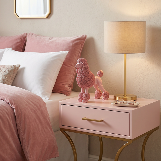 pink poodle on bedside table with lamp