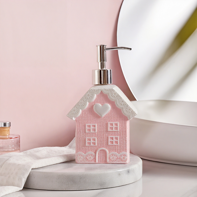 pink soap dispenser in the bathroom