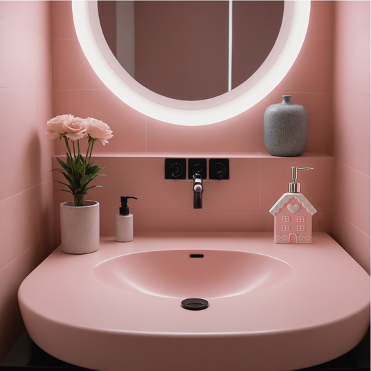 pink soap dispenser on the pink sink