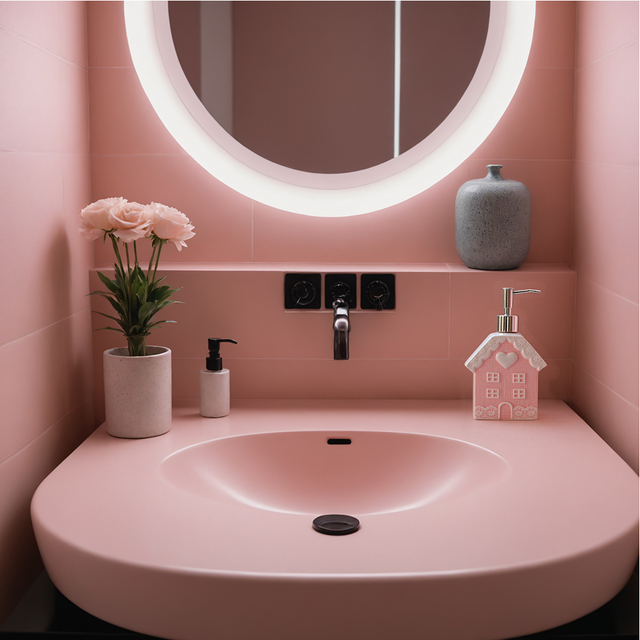 pink soap dispenser on the pink sink