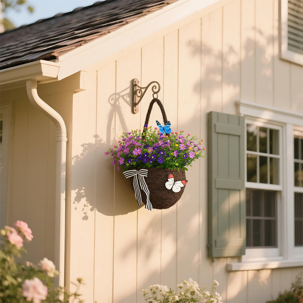 plastic brown butterfly themed flower basket at the doorway