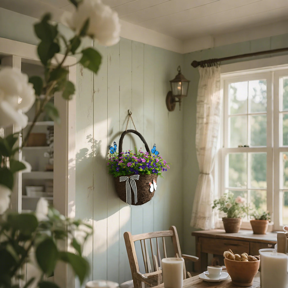 plastic brown butterfly themed flower basket in the room