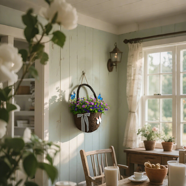 plastic brown butterfly themed flower basket in the room