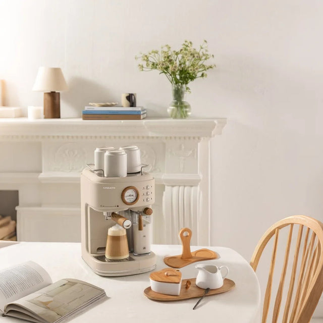 pure white ceramic sugar jar and creamer set beside the coffee machine