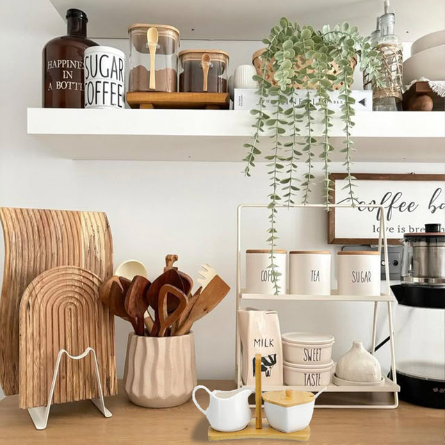 pure white ceramic sugar jar and creamer set in the kitchen
