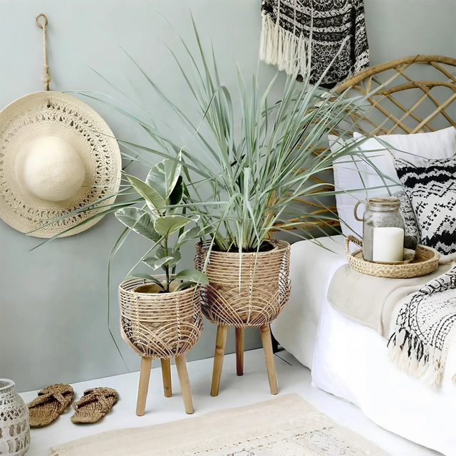 rattan plant stands in bedroom