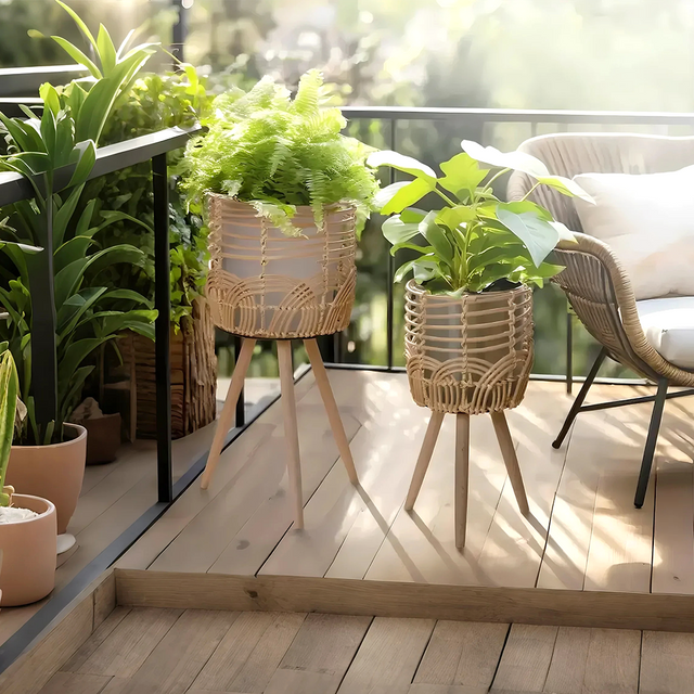 rattan plant stands outdoors