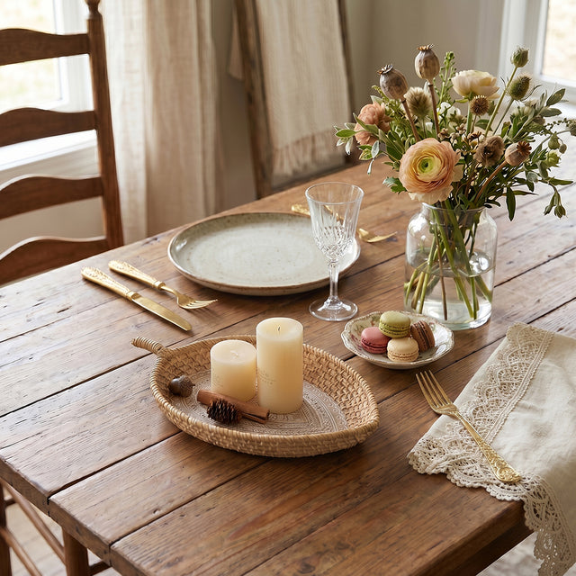 rattan tray with candles on rustic dining table