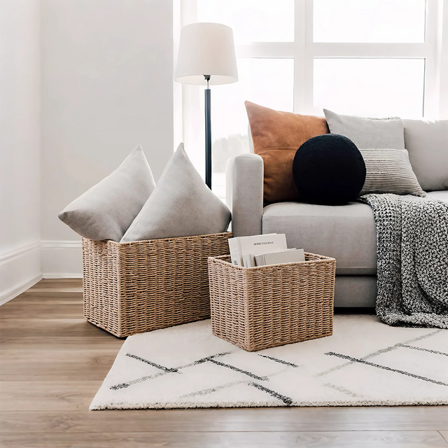 rattan weave storage basket with lid in the living room