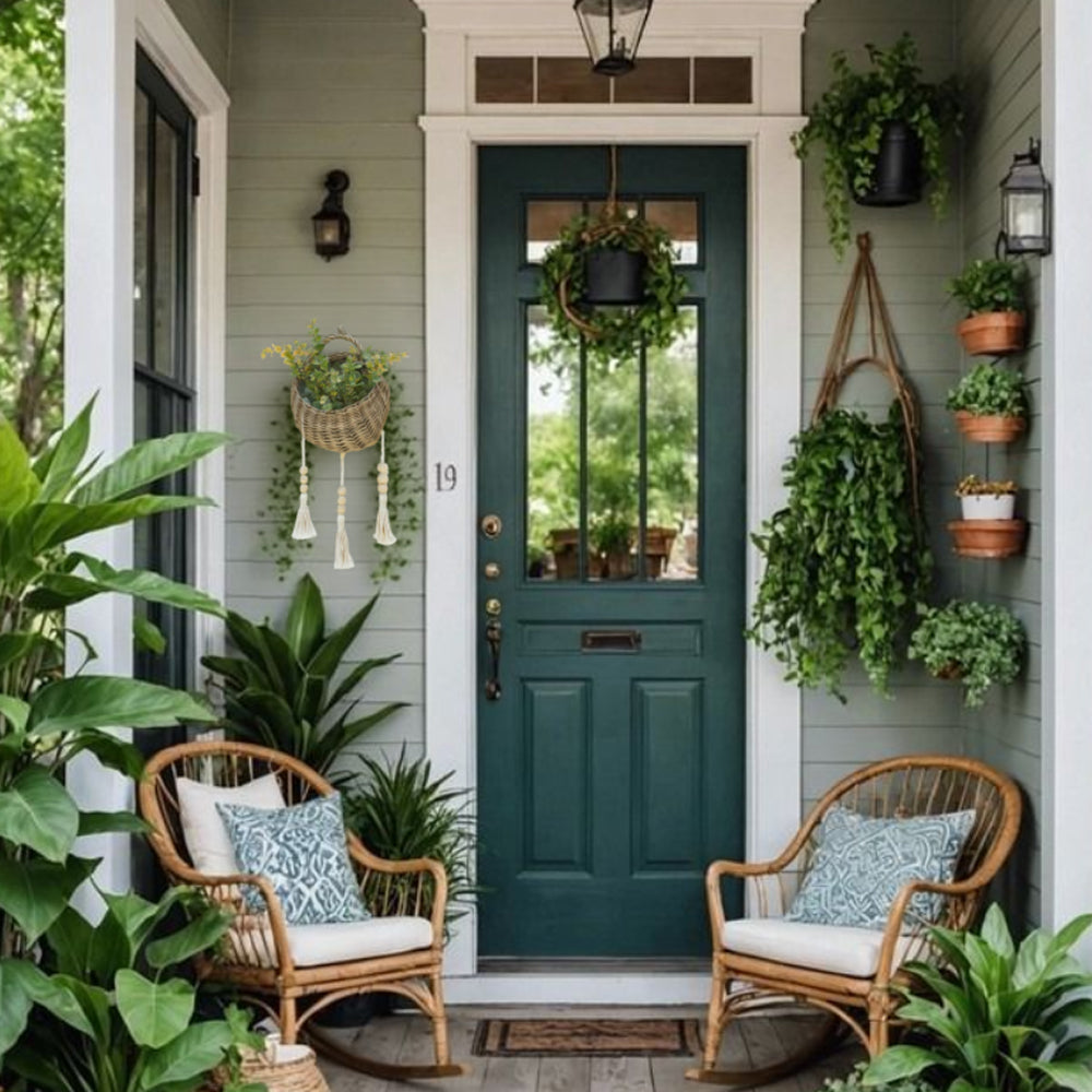 rattan woven bird's nest shaped hanging basket at the door