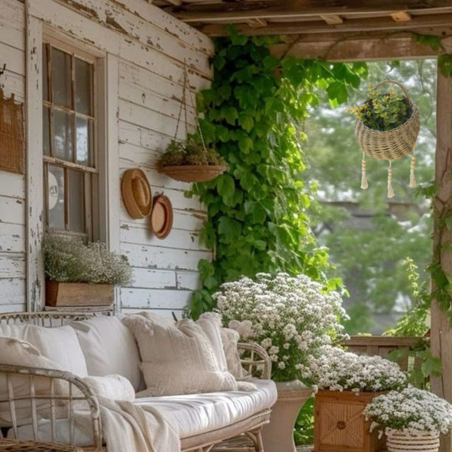 rattan woven bird's nest shaped hanging basket on the balcony