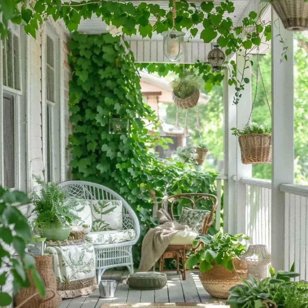 rattan woven bird's nest shaped hanging basket on the balcony
