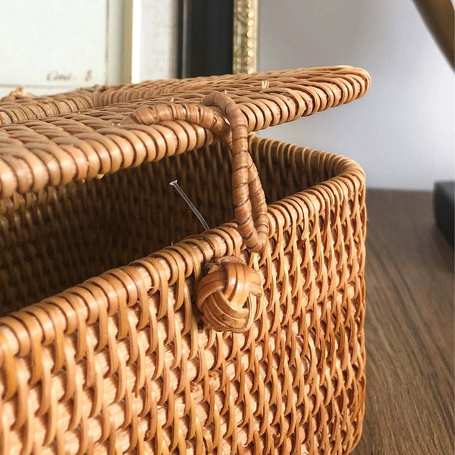 rectangular handwoven rattan natural brown eco-friendly tissue box details